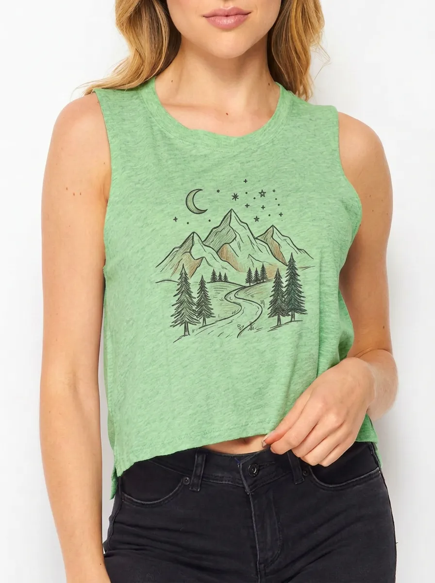 Women's Nature-Inspired Mountain Forest Moon Printed Crop Tank Top
