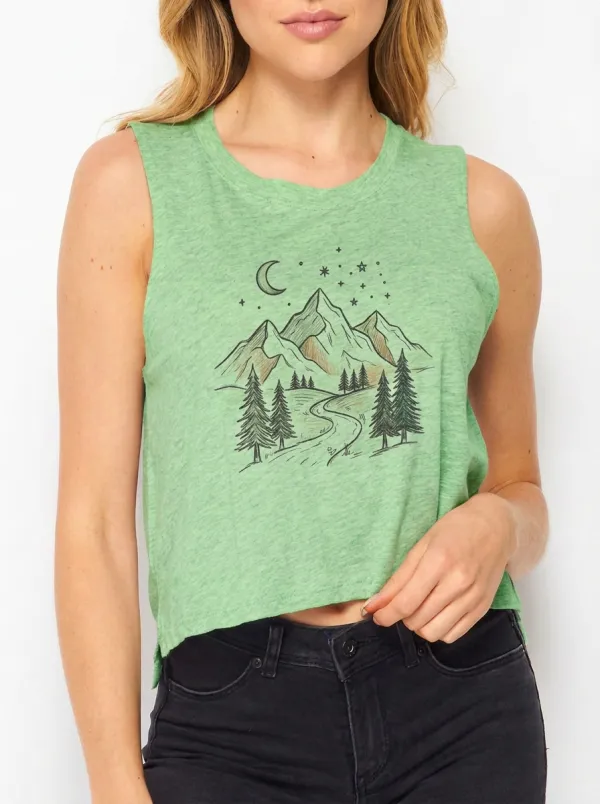 Women's Nature-Inspired Mountain Forest Moon Printed Crop Tank Top