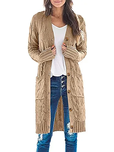 Womens Long Sleeve Cable Knit Long Cardigan Open Front Button Sweater Outerwear