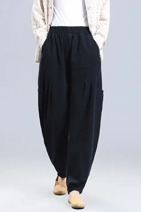Versatile Linen Cotton Wide Leg Elastic Waist Pocketed Trousers