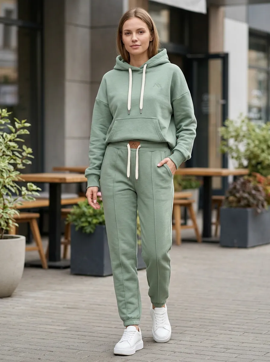Women's Sage Green Mountain Logo Embroidered Hooded Tracksuit