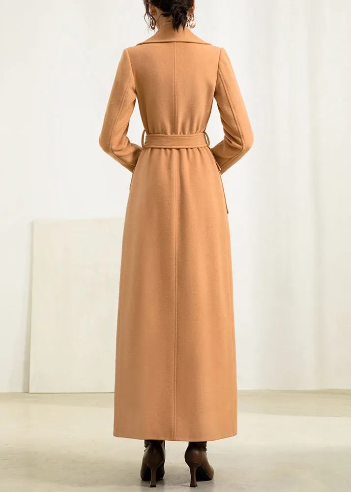 Wool Blend Fit and Flare Belted Lapel Collar Pocketed Long Coat