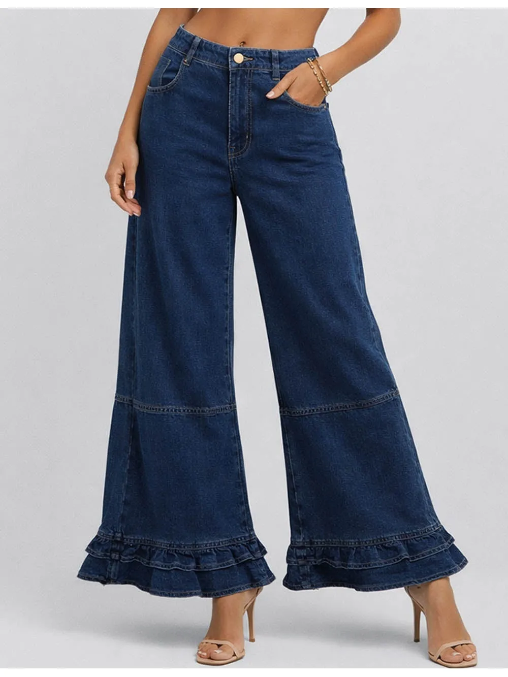 Ruffle Hem Jeans Elastic Waist Wide Leg Denim Pants