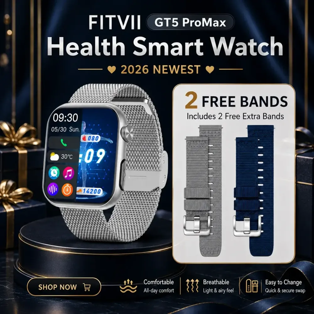 Upgrade FITVII® GT5 Pro Max Blood Pressure Smartwatch with EKG, Glucose Trends, HRV, SpO₂, Sleep & More