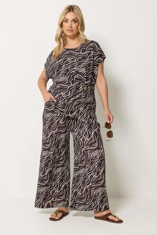 Brown Zebra Crinkle Wide Leg Trousers