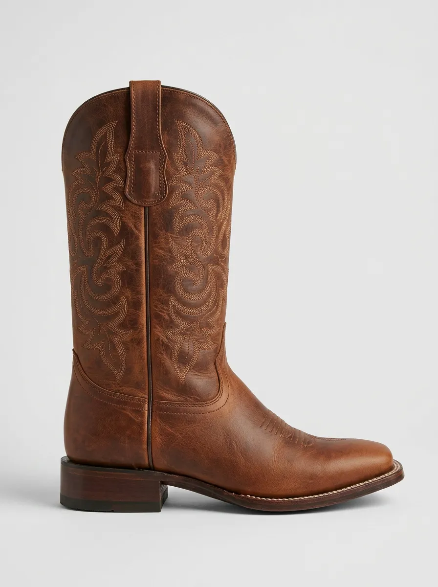 Men's Western Cowboy Embroidered Brown Leather Cowboy Boots