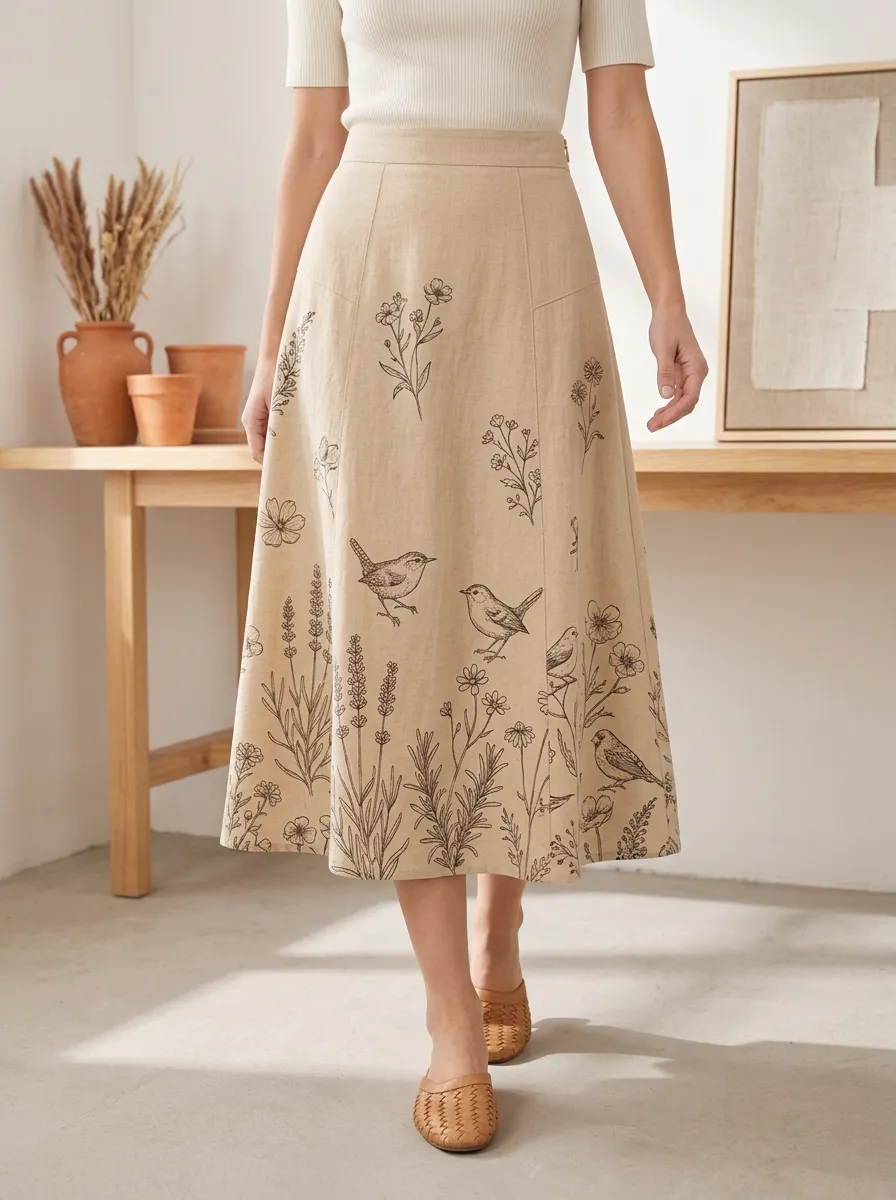 Women's Painterly Botanical Print A-Line Midi Skirt