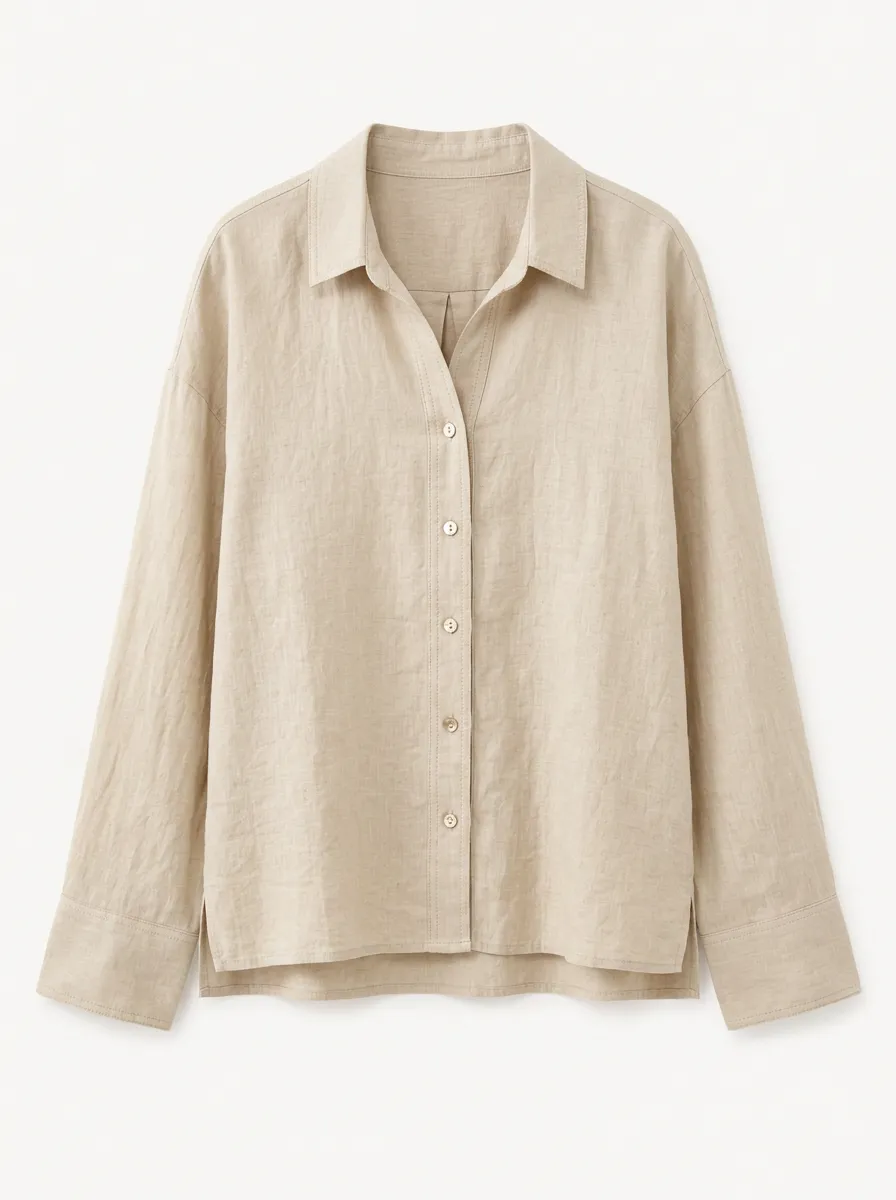 Women's Casual Beige Linen Blend Button Down Shirt Blouse