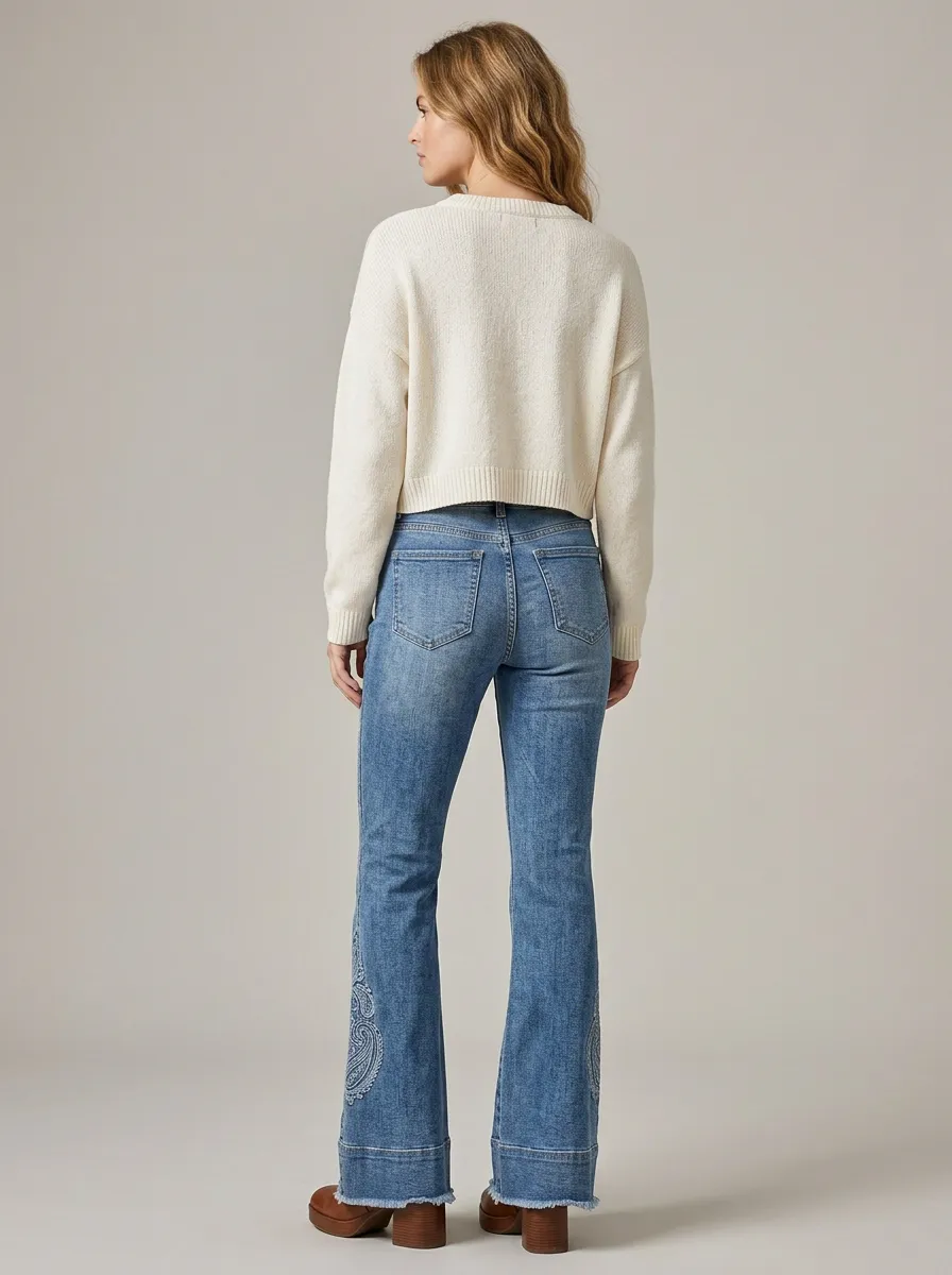 Women's Vintage Style Embroidered Side Frayed Hem Printed Jeans