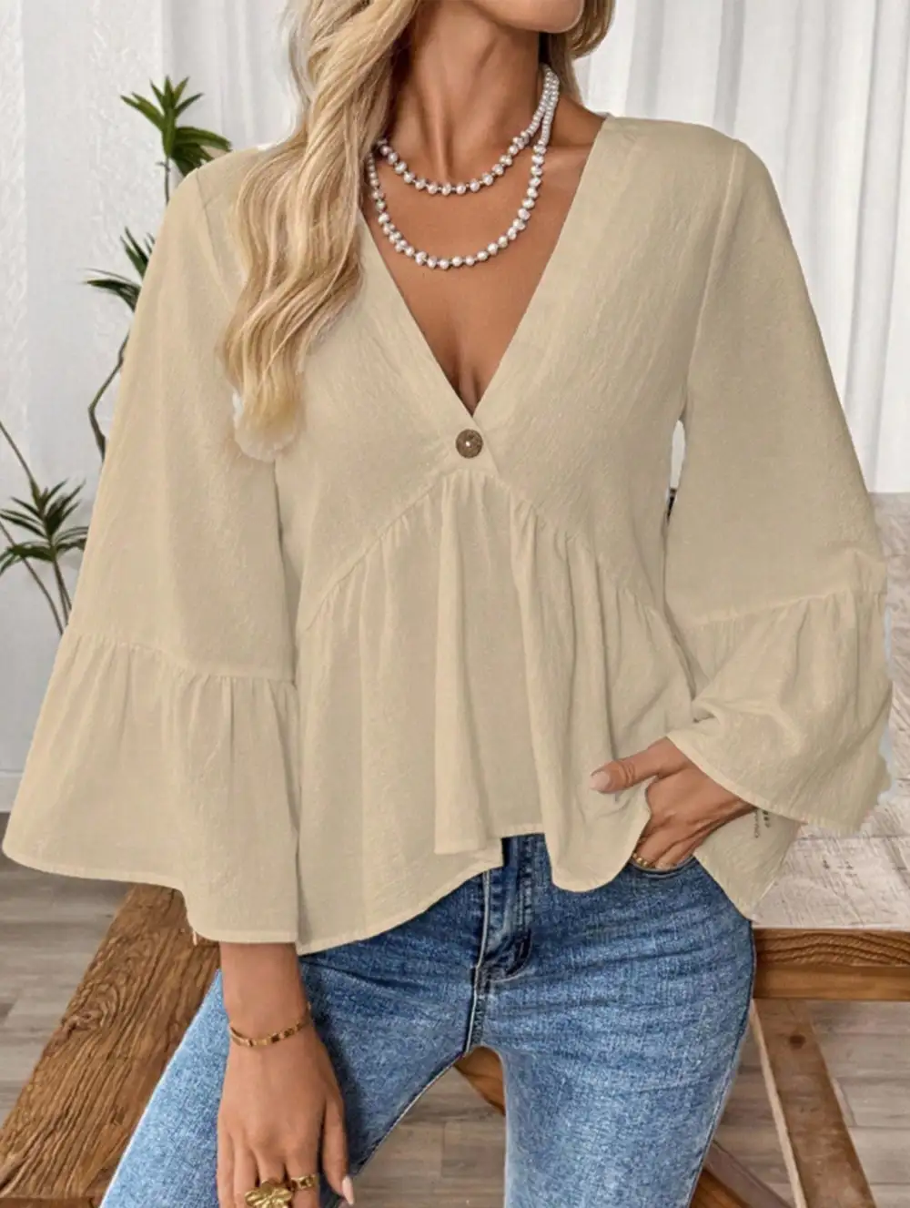 V-Neck Ruffle Sleeve Cotton Top