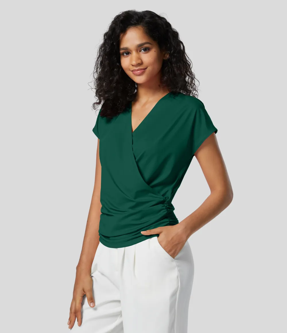 V Neck Cap Sleeve Crossover Ruched Solid Work Blouse