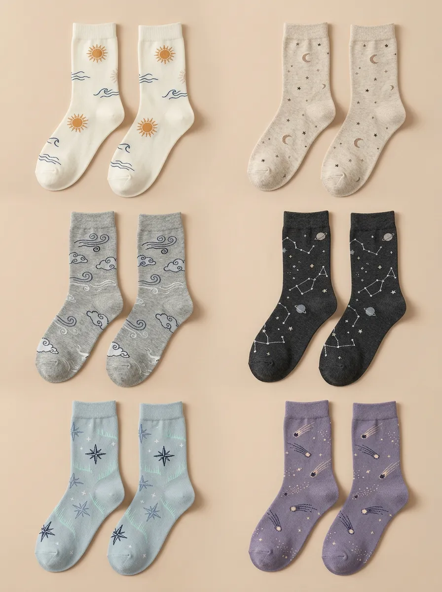 Women's Sun Moon Star Crew Socks Six Pair Set
