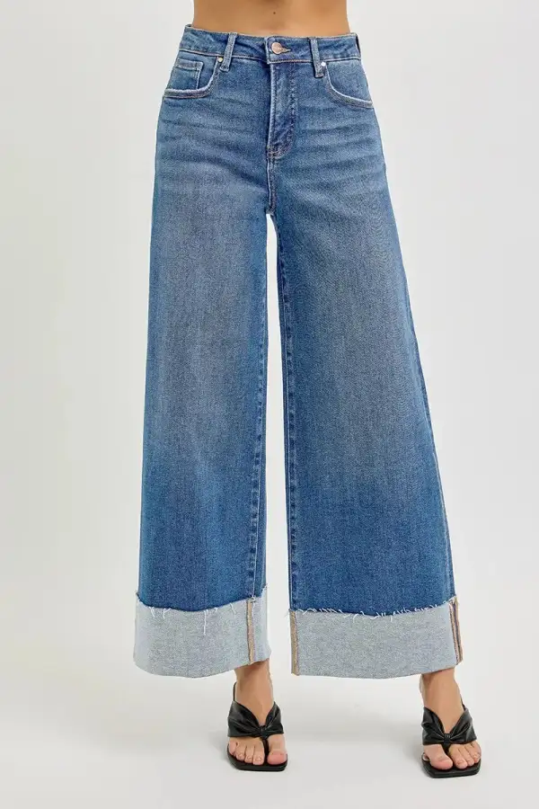 Relaxed High Waist Wide Leg Cuffed Denim Jeans
