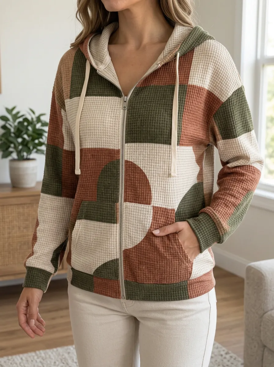 Women's Geometric Colorblock Signature Pattern Waffle Zip-Up Hoodie