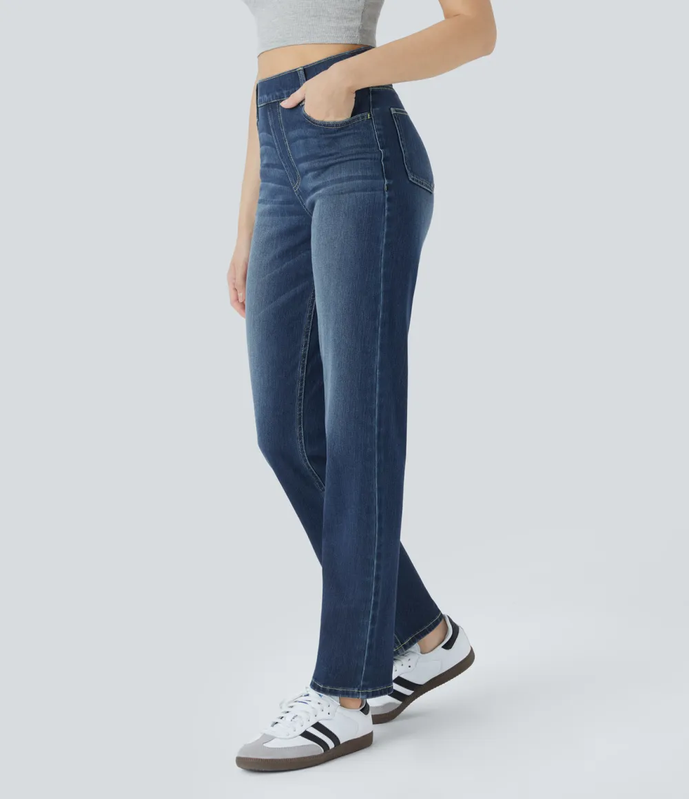 Magic High Waisted Multiple Pockets Straight Leg Washed Stretchy Knit Casual Jeans