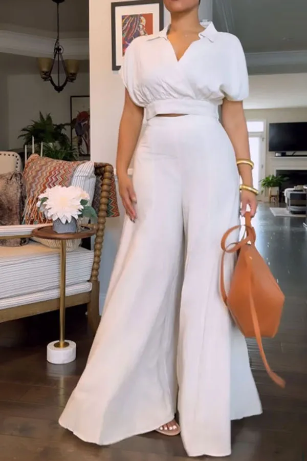 White Wide-Leg Collared Pant Set