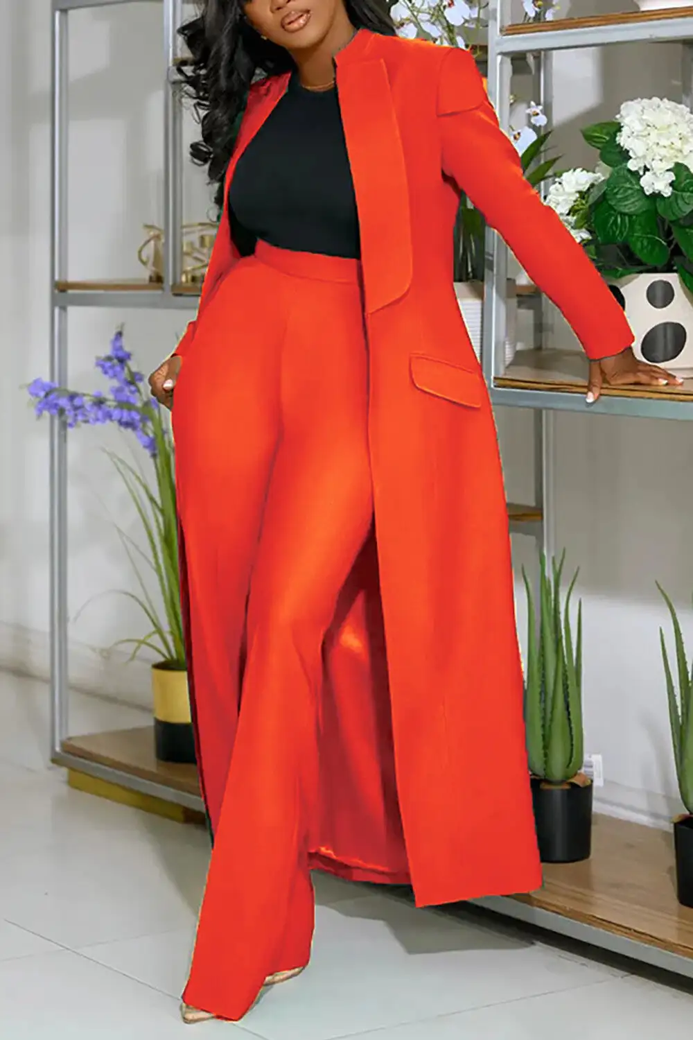 Turndown Collar Solid Color Long Blazer High Waist Pants 2pcs Set-Green