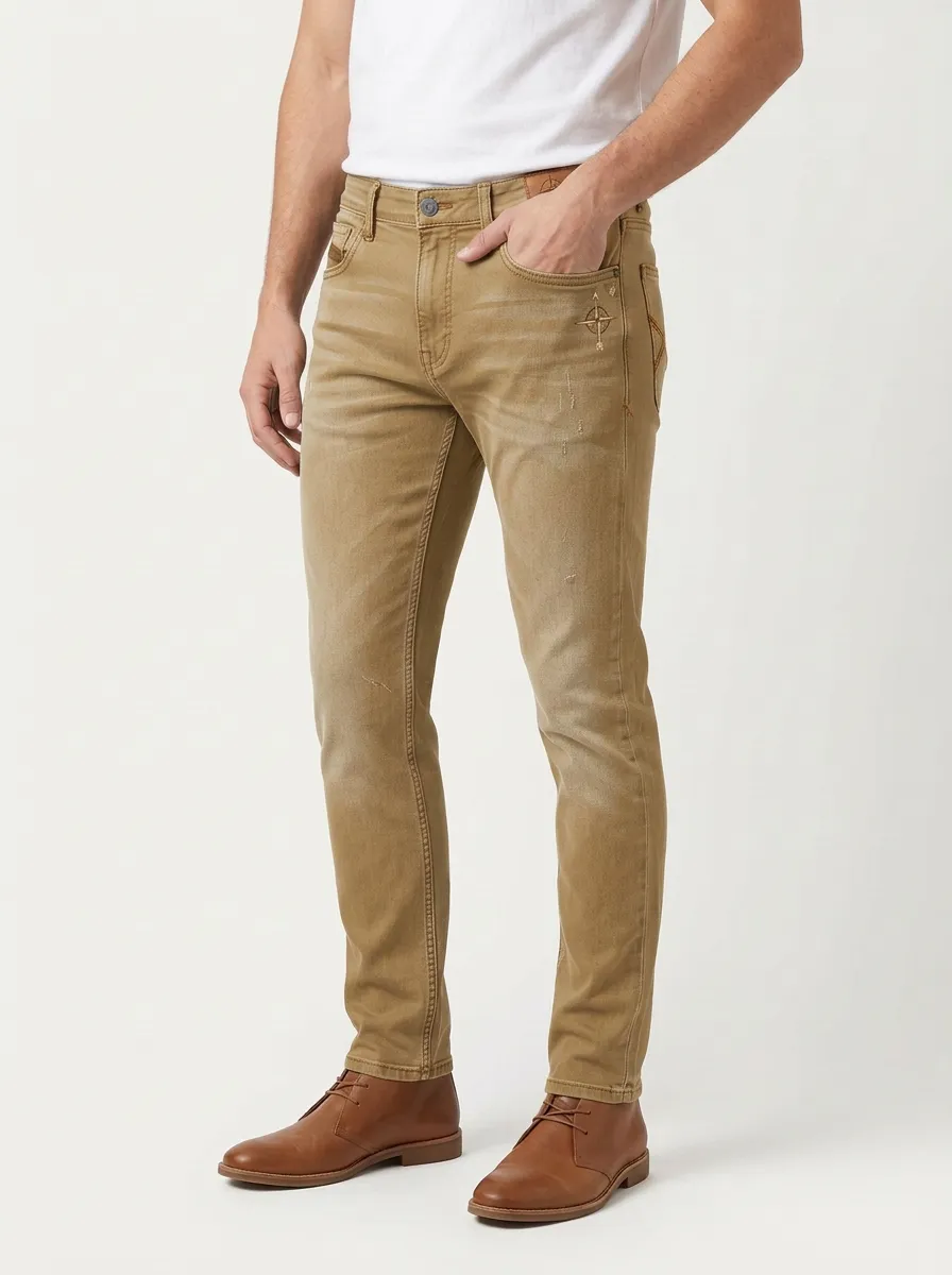 Men's Compass Embroidery Distressed Slim-Fit Jeans
