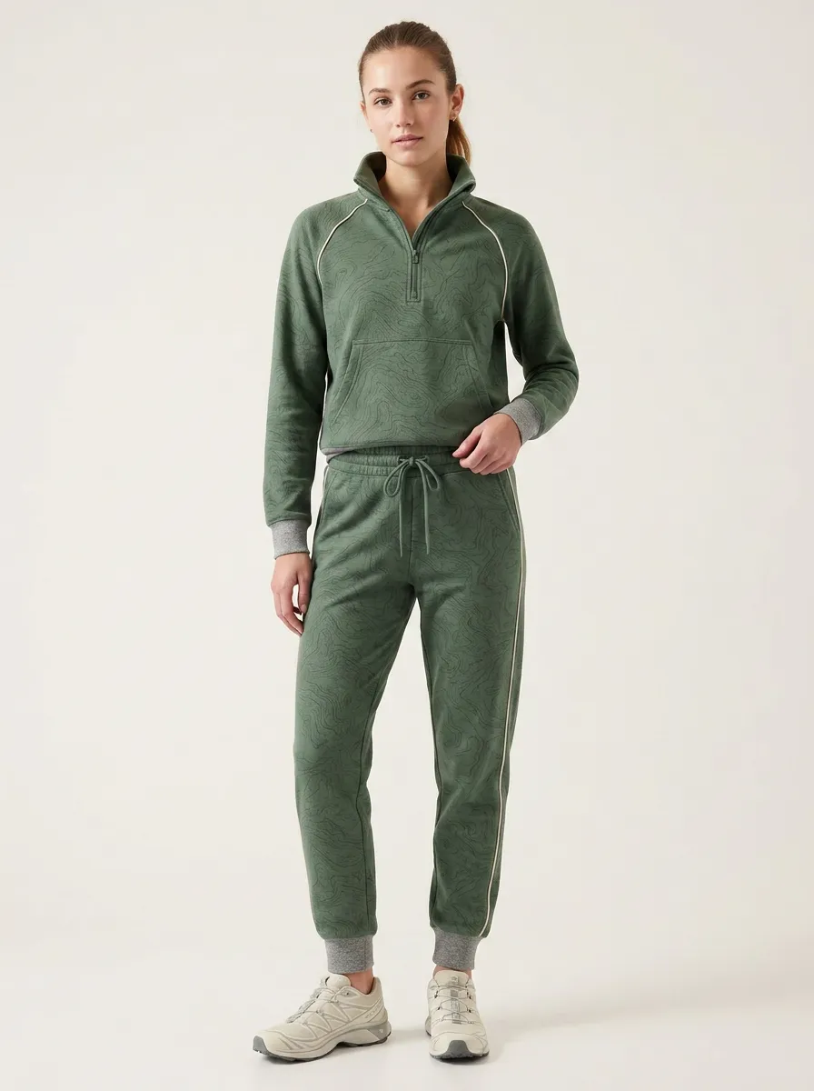 Women's Olive Green Topographic Print Quarter-Zip Pullover and Jogger Set