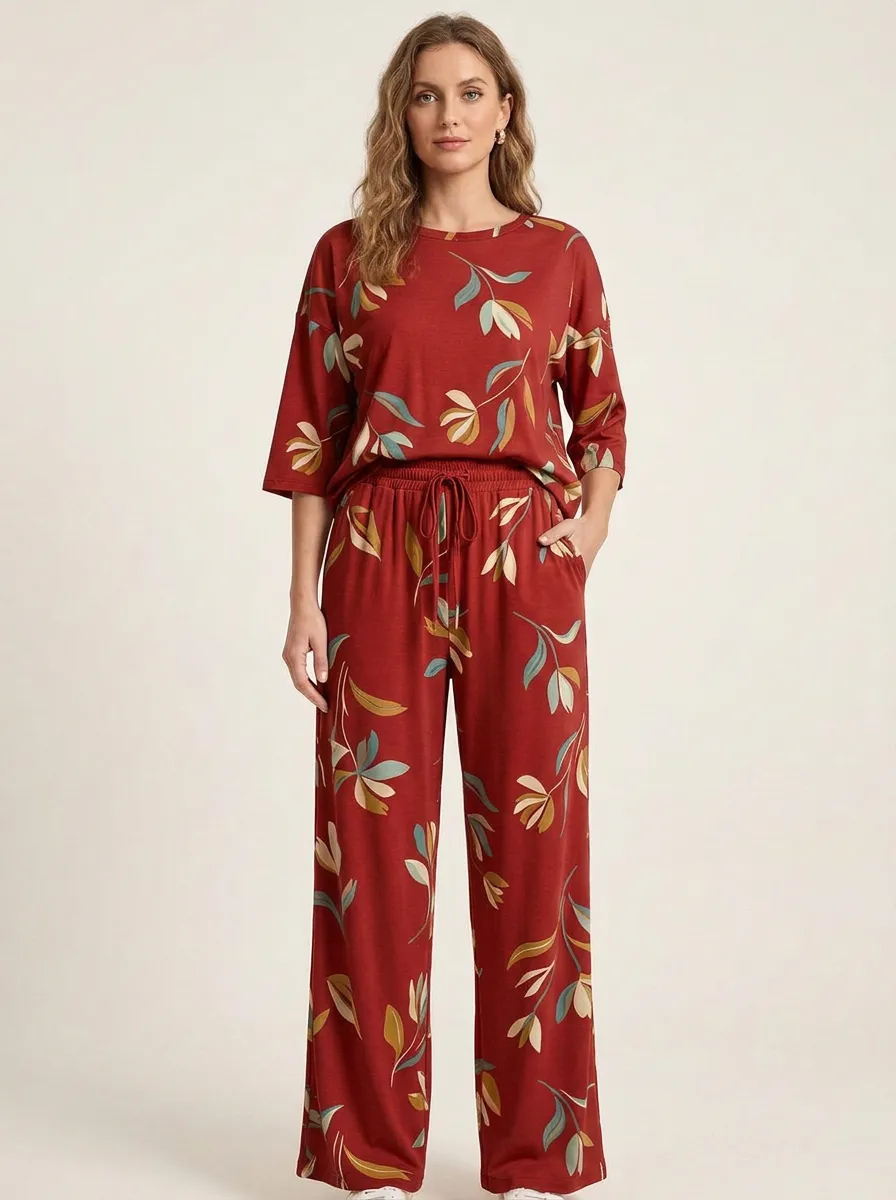 Women's Floral Print Drop-Shoulder Top And Drawstring Wide-Leg Trouser Lounge Set