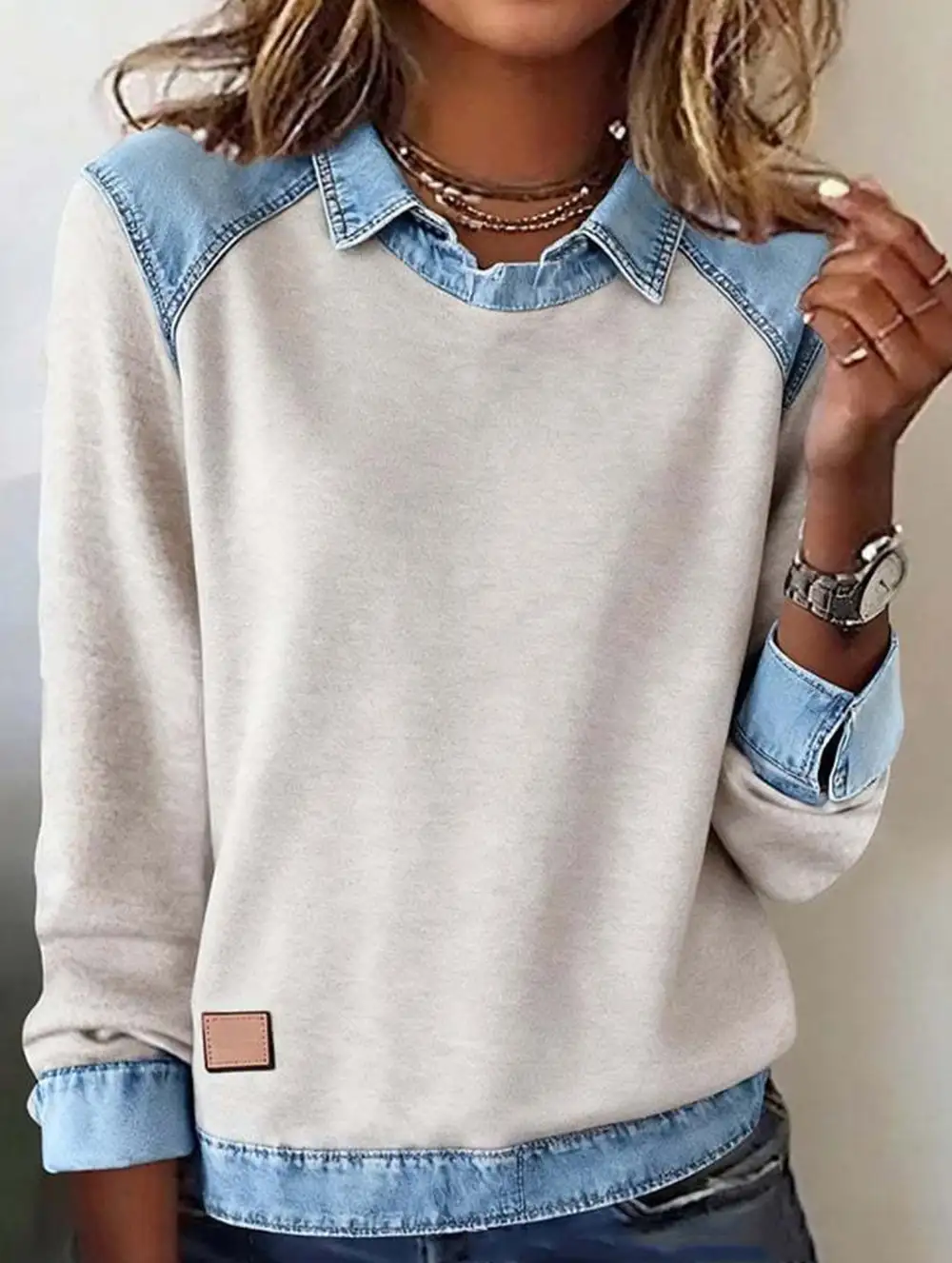 Denim Collar Patchwork Top