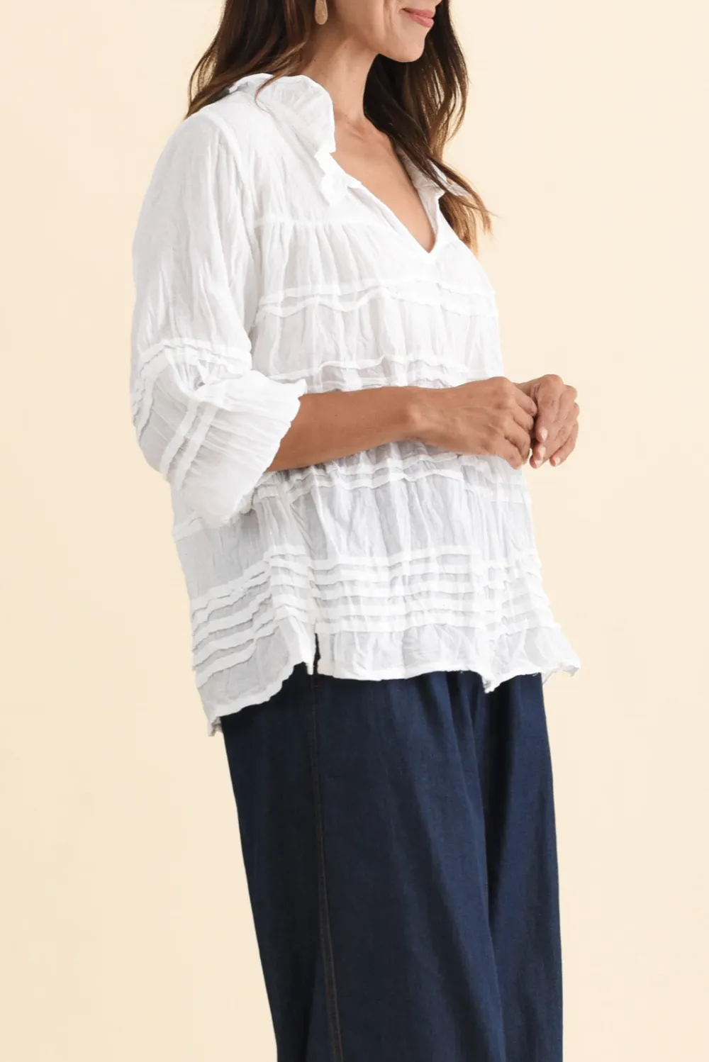 Cotton Textured V-Neck Long Sleeve Top