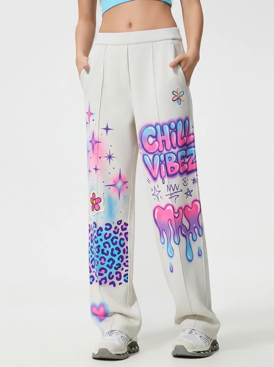 Women's Streetwear Chill Vibez Graffiti Leopard Heart Printed Trousers