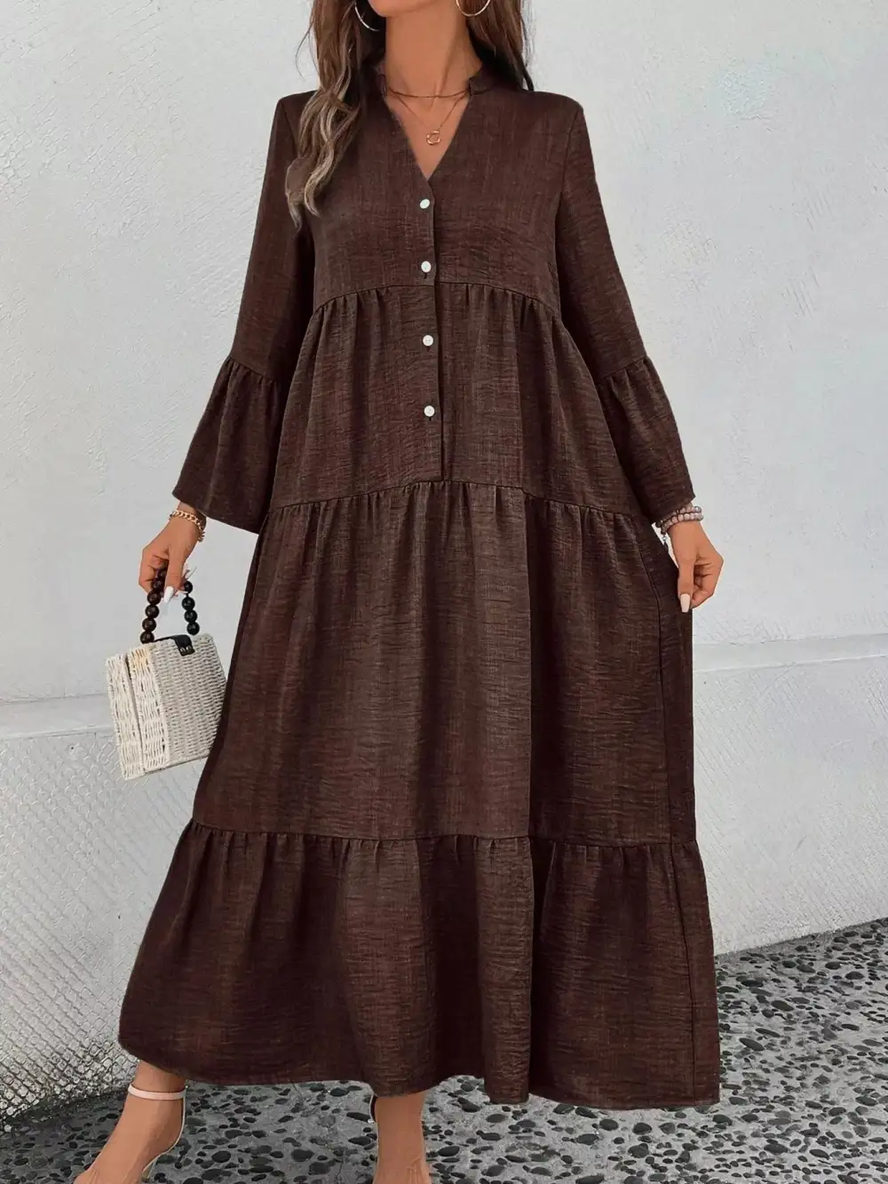Button Front Ruffle Tiered Dress Casual