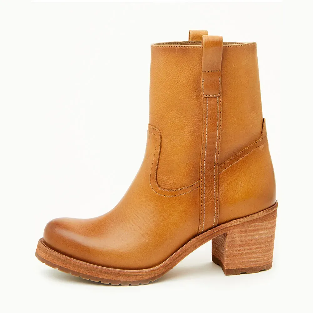 Faux-Leather Pull-On Round-Toe Block-Heel Ankle Boots