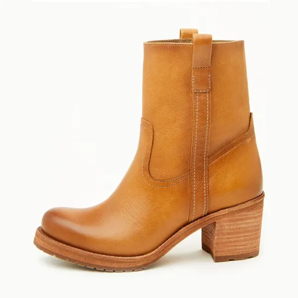 Faux-Leather Pull-On Round-Toe Block-Heel Ankle Boots