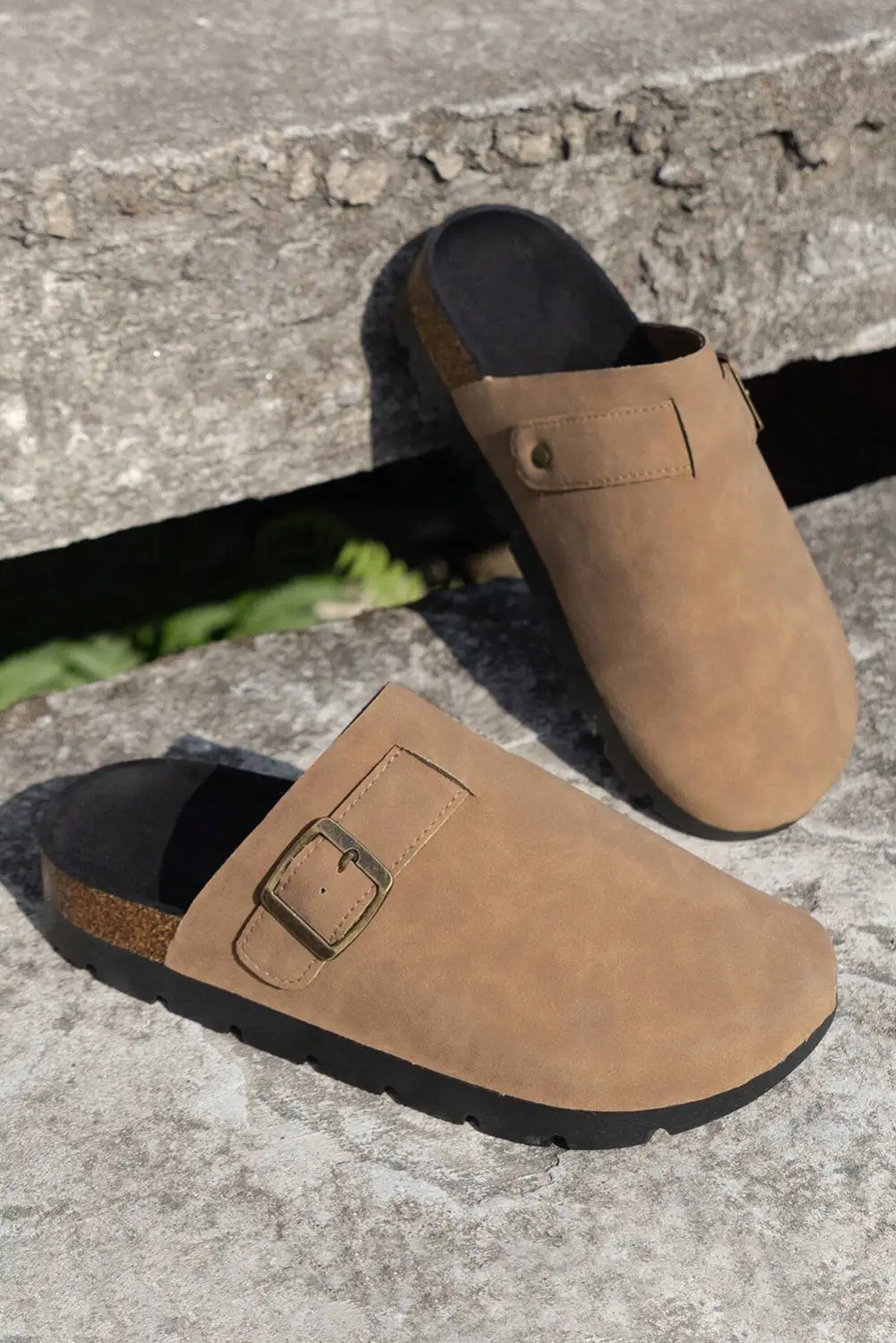 Light French Suede Buckle Detail Slide Slippers