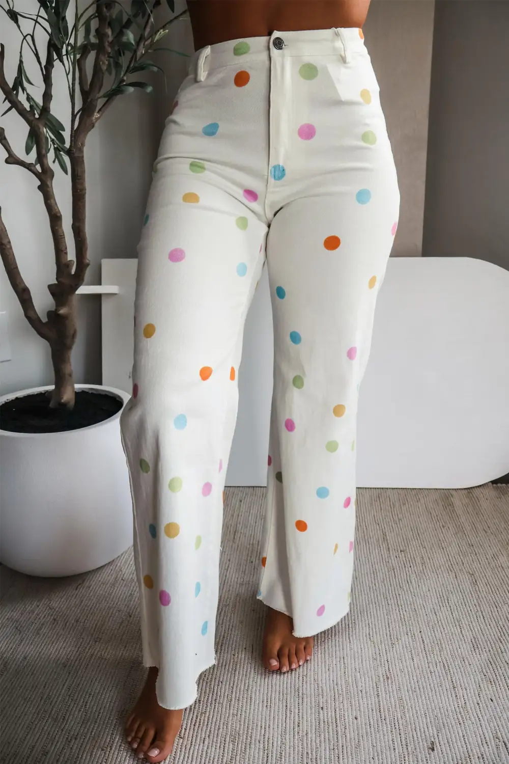 Women's High Waist Polka Dot Straight Leg Casual Jeans