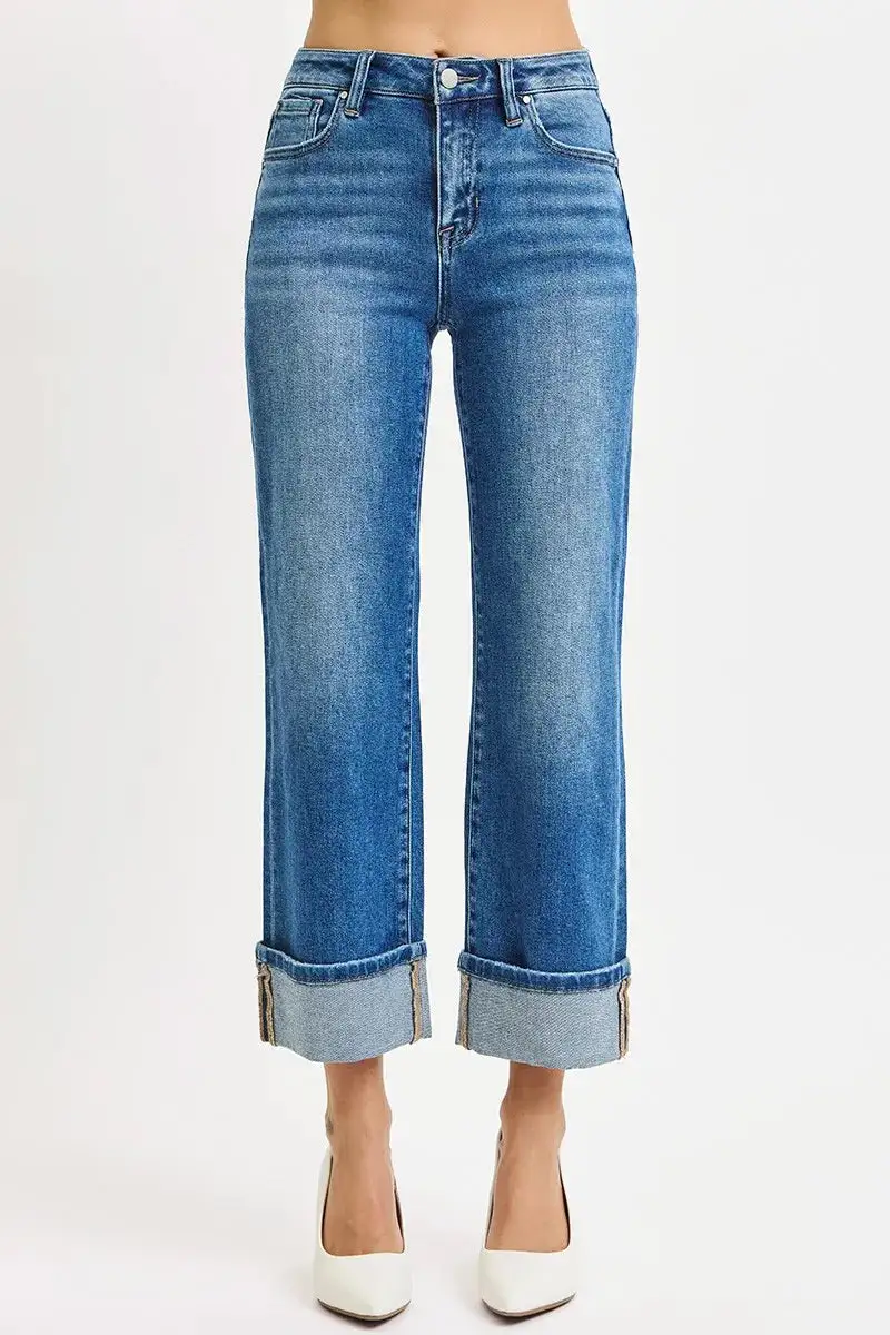 Mid Rise Raw Hem Cuffed Hem Straight Leg Jeans