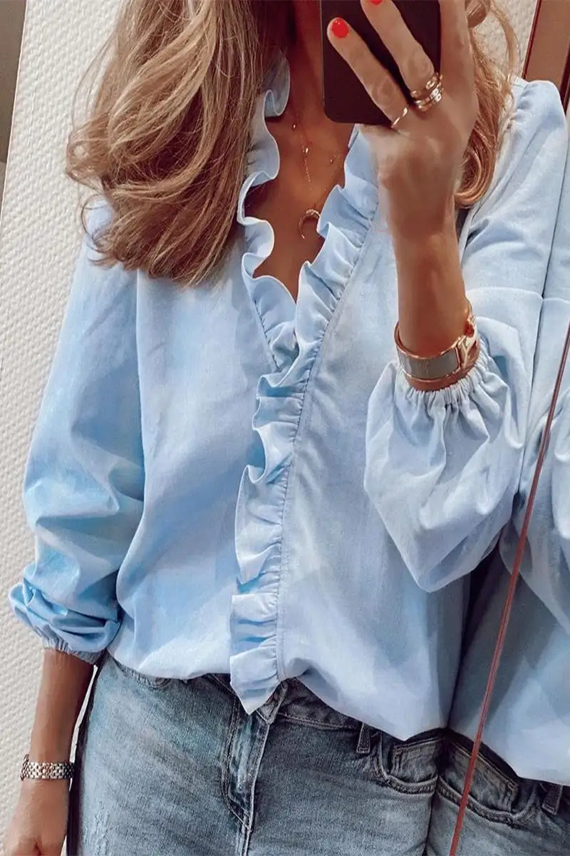 Ruffled Smooth V-Neck Blouse