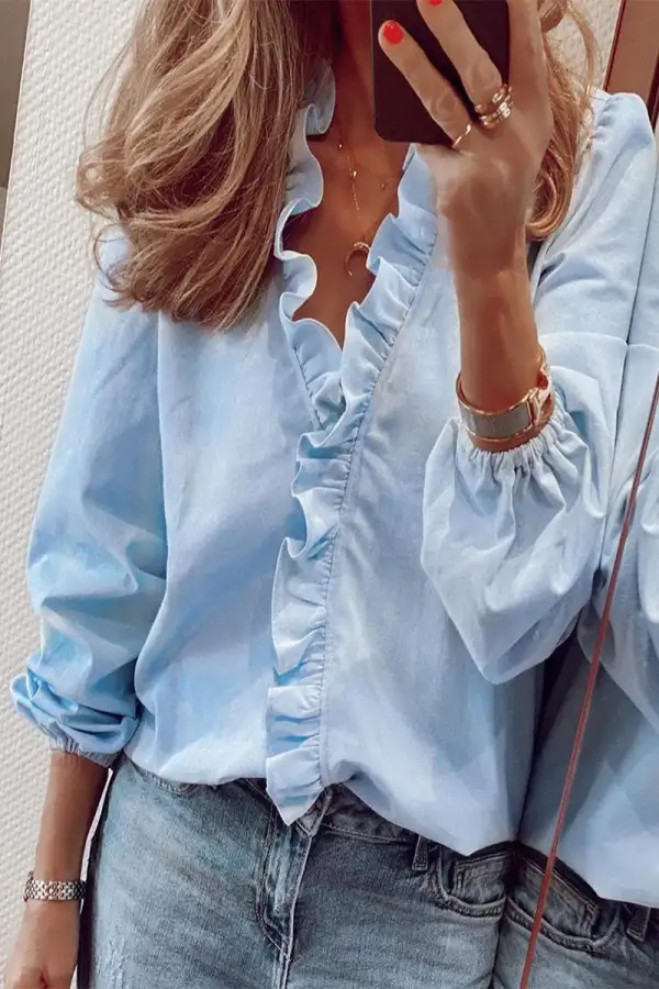 Ruffled Smooth V-Neck Blouse