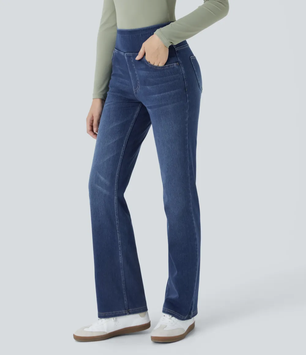 Magic High Waisted Multiple Pockets Washed Stretchy Knit Casual Bootcut Jeans