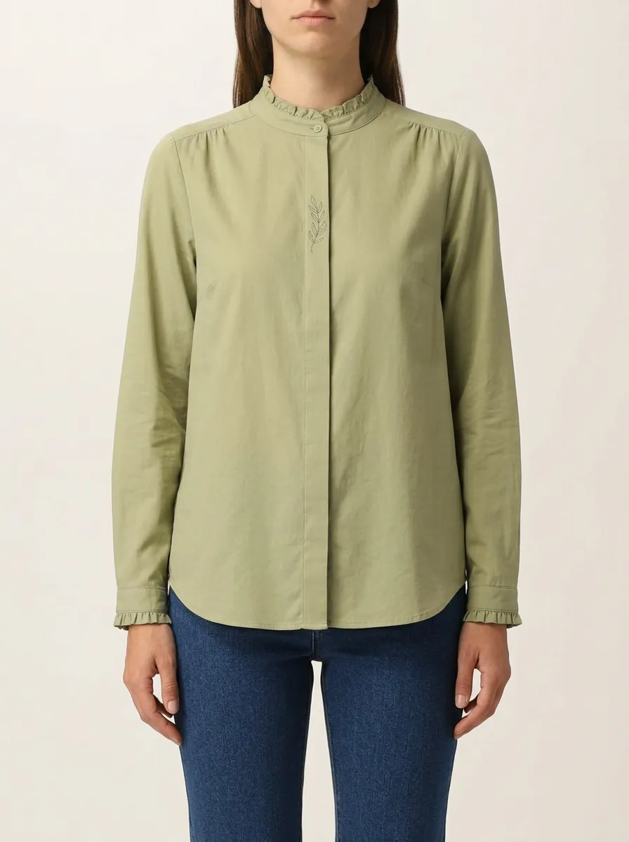 Women's Leaf-Embroidered Ruffle-Trim Mandarin Shirt