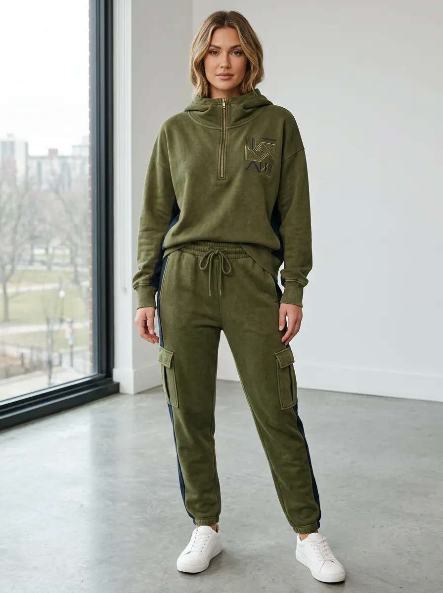 Women's Olive Geometric Print Quarter Zip Cargo Jogger Set