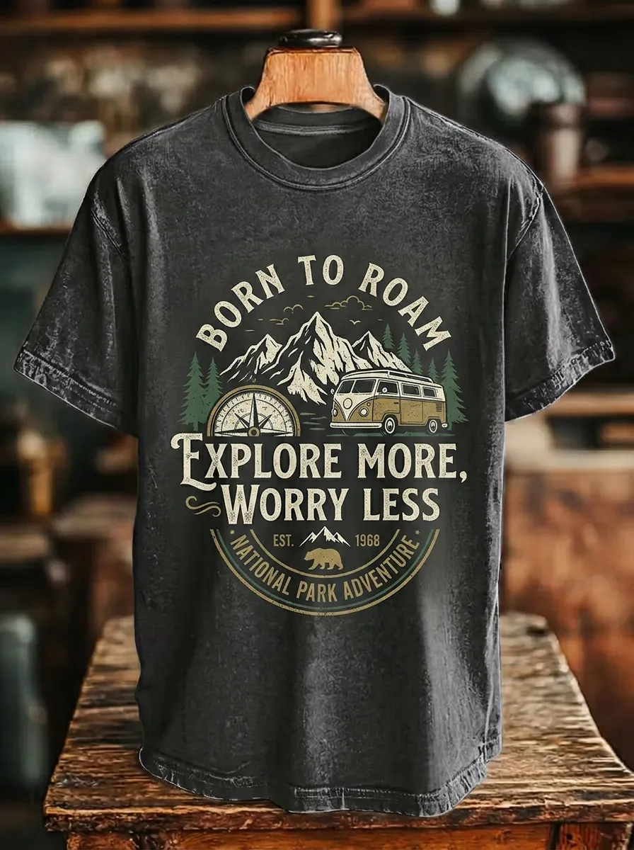 Unisex Outdoor Lover Mountain Van Compass Printed T-shirt