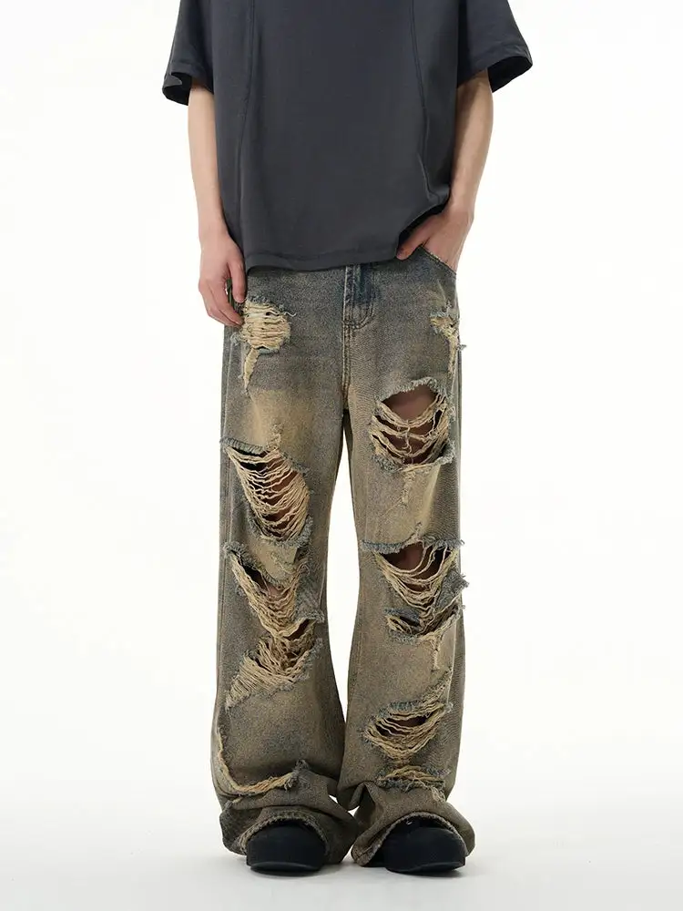 Wide-Leg Distressed Ripped Jeans