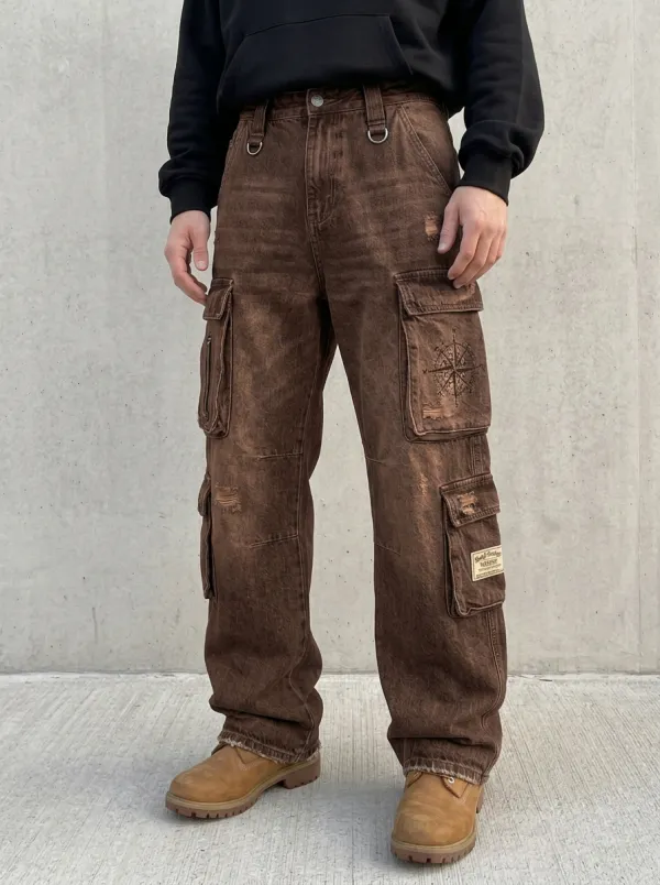 Men's Streetwear Compass Graphic Distressed Denim Cargo Jeans