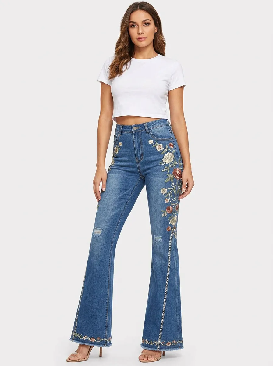 Women's Heritage Floral Medium Wash Floral Embroidery Flare Jeans