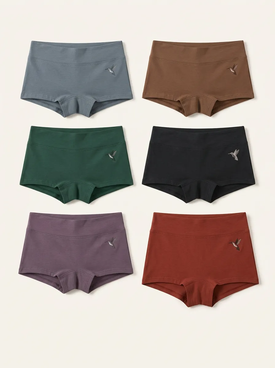 Women's Six-Pair Hummingbird-Embroidered Mid-Rise Boyshort Set
