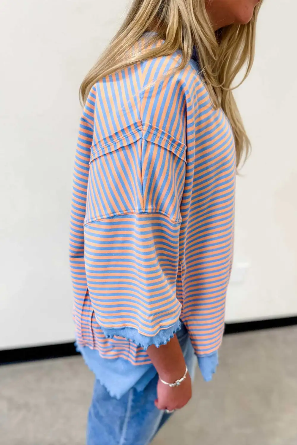 Striped Scalloped Trim Relaxed Three Quarter Sleeve Top