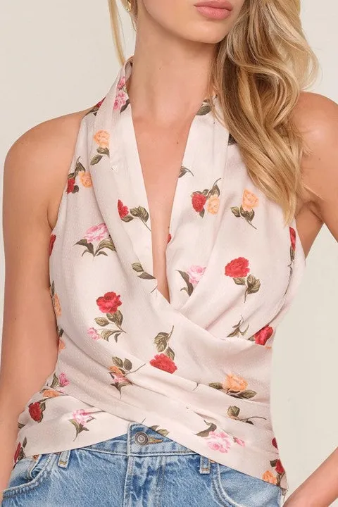 Floral Print Halter Neck Wrap Top