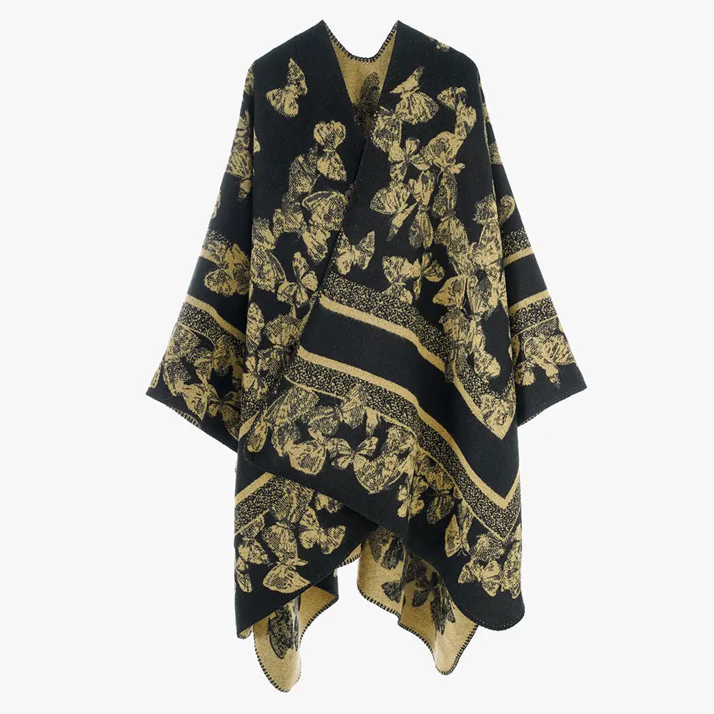Jacquard Wool Blend Ruana Wrap