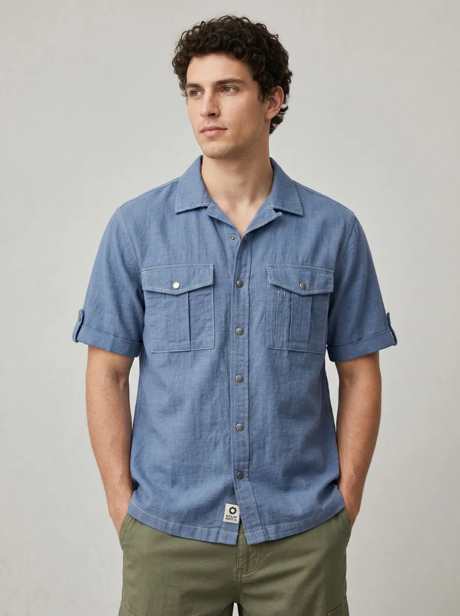 Men's Breathable Blue Linen Blend Button-Down Short Sleeve Shirt