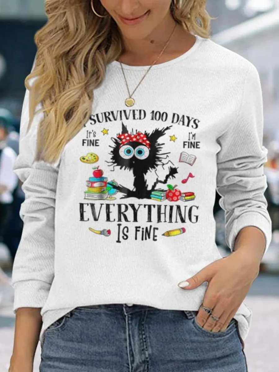Black Cat Printed Long Sleeve T-Shirt