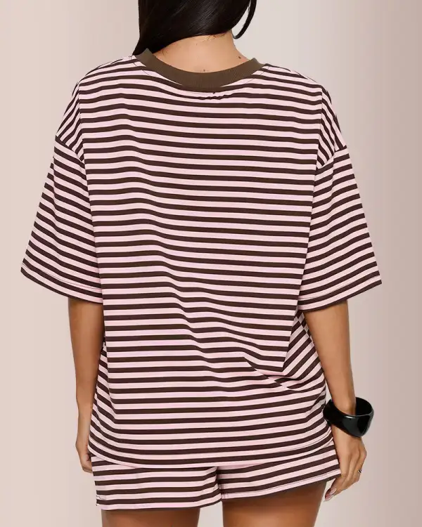 Oversized Tee and Drawstring Shorts Striped Lounge Set