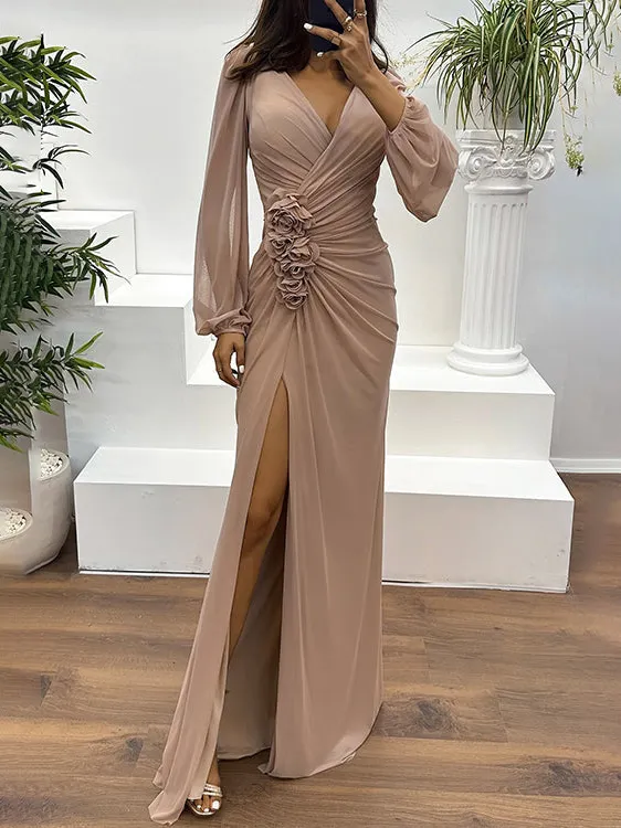 V Neck Ruched Floral Maxi Dress